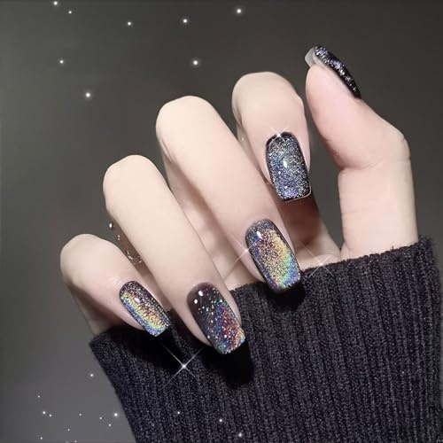 Ruispeed Ongles Press-on à Yeux de Chat Chrome Noir Moyen, Ongles Adhésifs Carrés Moyens pour Femmes, Cadeau, Effet Irisé Métallique Noir Brillant Réutilisables pour l'Été Gel Acrylique