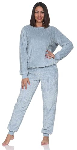 Normann Damen Langarm Schlafanzug Hausanzug mit Bündchen aus kuscheligen Sherpa-Fleece
