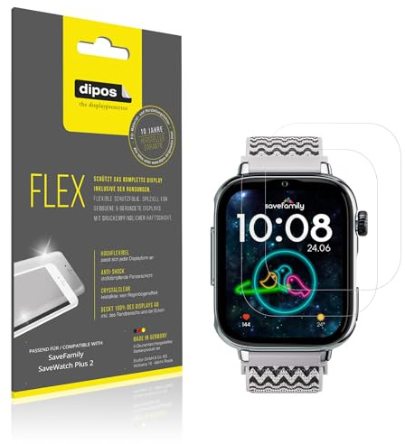 dipos FLEX 2x Protector de Pantalla claro para SaveFamily SaveWatch Plus 2 | Transparente, cobertura 100%, Full Cover, autorreparable, sin burbujas, compatible con huellas dactilares, autoadhesivo