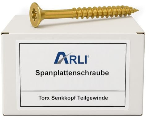 ARLI 200x Spanplattenschrauben 5 x 100 mm | Torx TX25 | Senkkopf | Teilgewinde | gelb verzinkt Schrauben | Holzschrauben aus Stahl für Holz, Bau & Montage