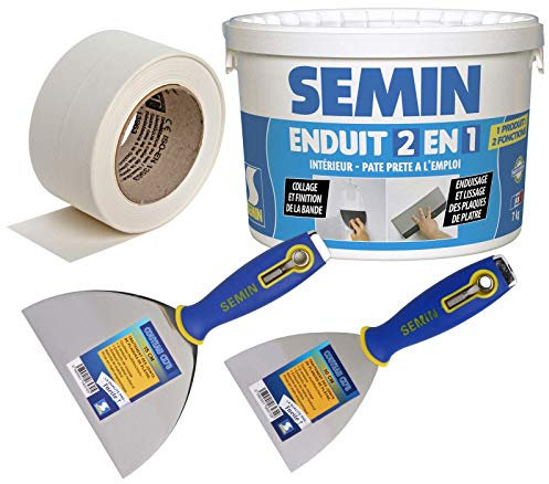 Semin - Bande Joint Papier pour Plaques de Plâtre - 23 m, Enduit 2 en 1 Multifonctions - Seau de 7 kg, Couteau à Enduire - 10 cm et Couteau - 15 cm