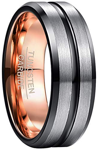 NUNCAD Men's Rings 8mm Rose Gold Tungsten Carbide Ring Silver Brushed Wedding Band with Black Groove Beveled Edges Size W
