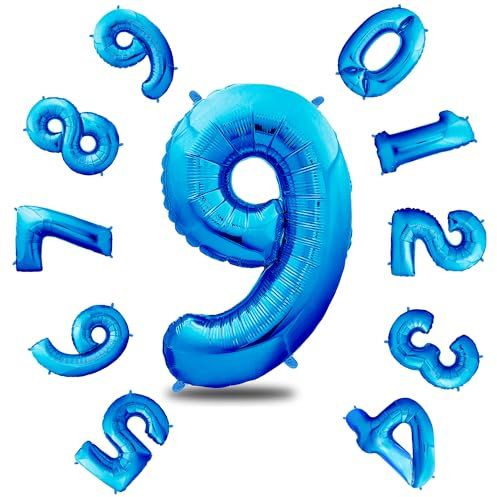 envami® Luftballon Geburtstag XXL Blau - Riesen Folienballon in 40 - 101cm Geburtstagsdeko - Ballon Zahl Deko zum Geburtstag - Geburtstagsdeko Jungen Blau - fliegt mit Helium (Zahl 9)