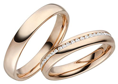 JC Trauringe Silber 925 Paarpreis Eheringe Rotgold Plattiert I Verlobungsringe 4,0 mm breit I Partnerringe mit Gravur in edler Schatulle I 2 Hochzeitsringe Herrenring & Damenring mit Steinen I LC122-P