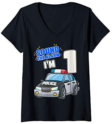 Damen Kinder-Polizeiauto 1 Geburtstag 1 Jahr alt Polizist Offizier T-Shirt mit V-Ausschnitt