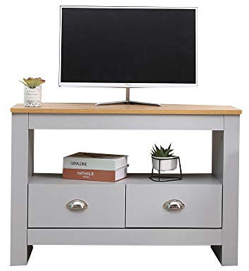 YH Wooden Corner TV Unit TV Stand Storage Cabinet with 2 Drawers Small Space Modern for Living Room Furniture (Grey)