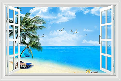 Lichi Adesivo da parete 3D finto per finestra, decalcomania con vista sul mare, spiaggia, albero di cocco, paesaggio con gabbiano
