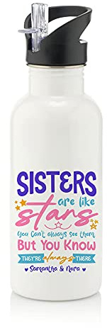 Personalised Sisters Are Like Stars ANY NAME, Birthday Gifts for Her, Women, Friends Female, Sister, Bestie, BFF Gifts Stainless Steel 600ml Water Bottle with Straw. (White)