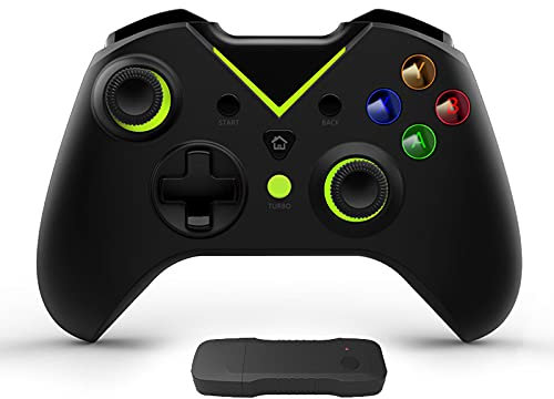 Tigerlily Enterprises Black with Green Light 2.4GHz Wireless Game Controller Gamepad Joystick With Dual Motor Vibration & Backlit Keys for Xbox One Series S/X, PS3 & Microsoft PC - No Headset Jack.