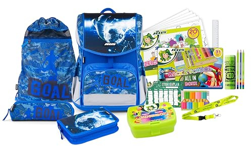 Jolly Schultaschenset – Ergonomic Flexi, 46-Teilig, inkl. Turnbeutel, Schüttelpennal und Federpennal, höhenverstellbarer Rücken mit Push-System, an Kindergröße anpassbar, Blau