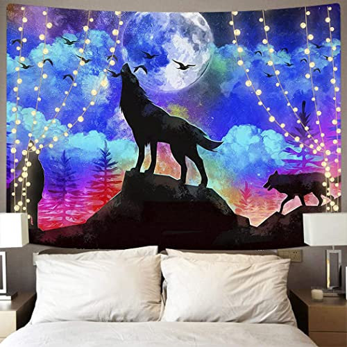 Violetpos Tapisserie Der Wandbehang Wolf Vollmond im Himmel Lila Wildtier Wölfe Home Decor Wandbehang Wandteppiche Wandkunst für Zimmer 148x200cm H/W