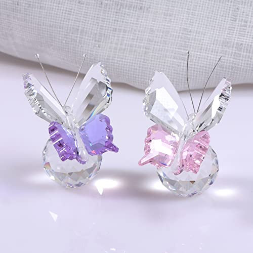 Movdyka 2 Pack of Handmade Glass Flying Butterfly Ornaments Crystal Butterfly Figurines Decorative Centerpiece for Home Souvenir Birthday Gifts for Women (Pink & Purple)