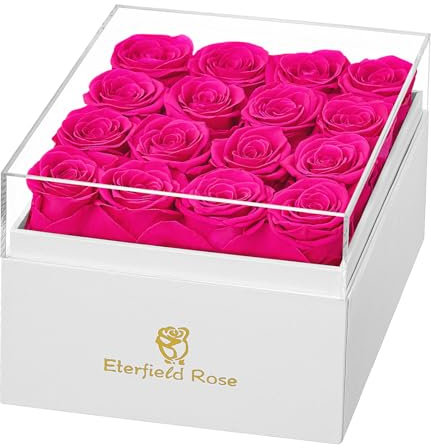 Eterfield Forever Flowers konservierte Rosen, echte Rosen, die über ein Jahr halten, Rosenbox, Geschenke für sie, Muttertag, Valentinstag, Weihnachten (quadratische weiße Box, 16 pinke Rosen)