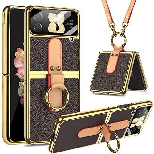 Miimall Compatible avec Coque Samsung Galaxy Z Flip 4 Cuir, [Protection de Appareil Photo] [Lanyard + Anneau de Support] pour Samsung Galaxy Z Flip 4 (Marron)