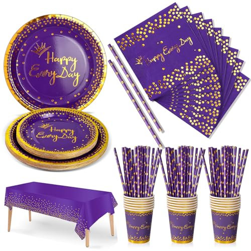 Nkaiso Partygeschirr Kindergeburtstag, 126 Stück Lilagold Pappteller Kindergeburtstag Mädchen Party Set mit Partyteller, Pappbecher, Servietten und Strohhalme für 25 Gäste