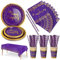 Nkaiso Vajilla de Fiesta,126 Piezas Violeta Set de Juego de Platos y Cubiertos, cubertería de cartón, Vasos y servilletas,para cumpleaños,Aniversarios (25 Invitados)