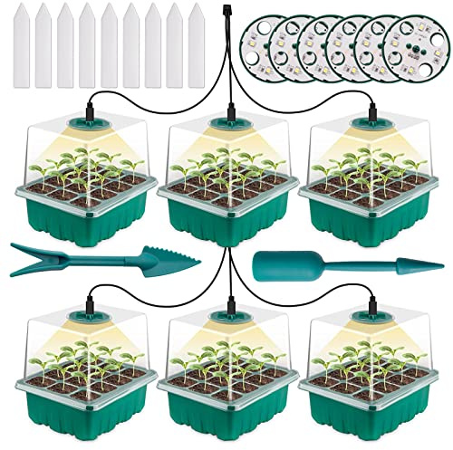 Pipihome Seed Trays with Grow Light, 6 Pack Seed Trays with Lids, Propagators for Plants Hydroponics Growing System, SeedTray with Heightened Lids for Plants Indoor-Green