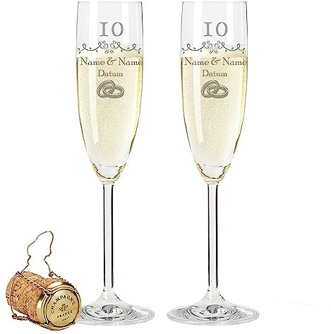 Leonardo Sektgläser mit Gravur - Rosenhochzeit 10 Jahre - Personalisiert mit Namen & Datum - Geschenk für Sie & Ihn zur Hochzeit Verlobung Jahrestag - Farbe: Sekt