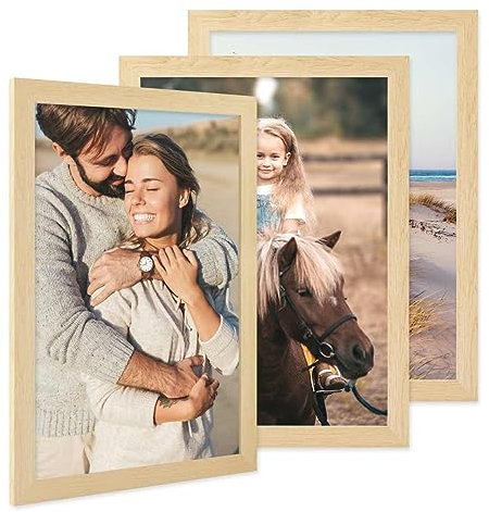 PHOTOLINI Bilderrahmen A3 Holz MDF Natur, 3er Set A3 Bilderrahmen 30x42 breit, Rahmen DINA3 mit Acrylglas, Picture Frame 42 x 30 zum Aufhängen, Frame DIN A 3 42x30 mit Zubehör für Deine Wandideen