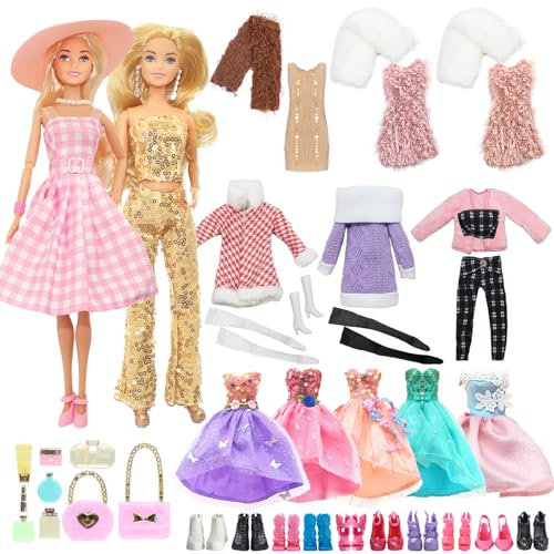 36 Kleidung für Puppen, Rosa Kariertes Kleid mit Hut Goldfarbenes Pailletten Top Hosen Set Winterpullover Kurze Kleider mit Schal 2 Kleider Schuhe Handtaschen Schmuck Zubehör für 11,5 Zoll Puppen