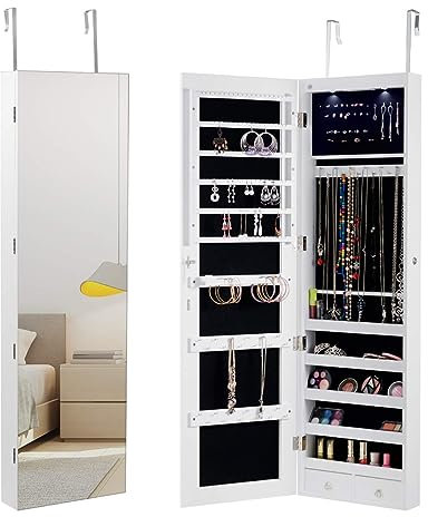 RELAX4LIFE Armoire à Bijoux Murale avec LED, Armoire a Bijoux Porte avec Miroir, Miroir Rangement Porte avec Serrure, 2 Tiroirs, Peu Encombrante, pour Bracelet Collier Bague