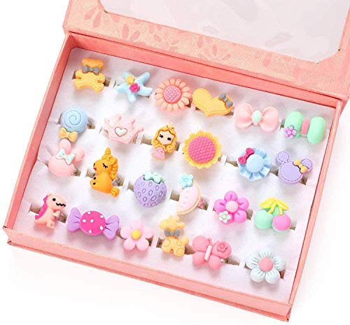 PinkSheep Juwelenringe für kleine Mädchen im Kasten, Mädchen verstellbar Jewel Spiel- und Anziehringe (24 Schöne Ringe)