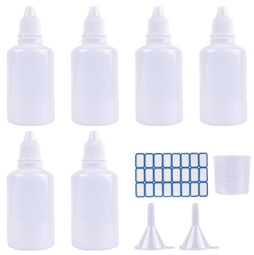BOKFJBP 6 Pack 50ml/1.76oz Plastic Dropper Bottle, Empty Squeezable Eye Translucent Bottles Small Squeeze Eye Liquid with Label Funnel Measuring Cup for Home Work Travel