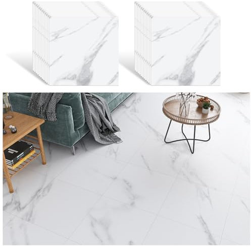 VEELIKE Dalle PVC Adhesive Sol Marbre Blanc Sol PVC Adhesif Marbre Carreaux Adhesif Cuisine Carrelage Adhesif Sol Salle de Bain Revetement Sol PVC Salon Dalles PVC Garage 1.5mm 30cm ×30cm 24 Pièces