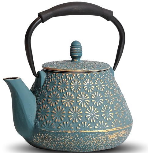 MILVBUSISS Cast Iron Teapot, 950ml Japanese Sakura Blossom Pattern Tea Kettle, Stovetop Safe, Infuser for Loose Leaf & Coffee, Silicone Handle, Enamel Interior, 32oz Blue