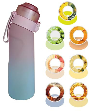 FUNGTN Air Gourde 650ml Bouteille Avec de 7 Gousses Aromatisées,Tasse d'eau Fraise peche banane Air Bouteille d'eau Parfumée Sans BPA Avec Paille-0 Sucres et Tasse d'eau,E