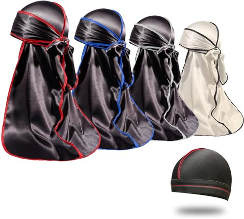 ForceWave Seidige Durags für Männer und Frauen, 360 Wellen mit 1 Wellenkappe, seidiger Satin-Durag, extra langer Schwanz, 4 Stück, Multicolored