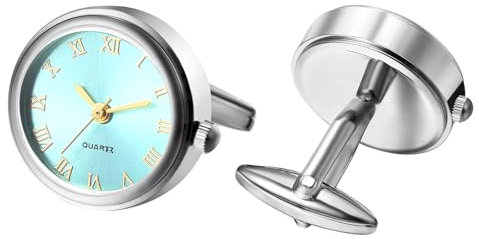 Silverora Uhren Herren Manschettenknöpfen Taschenuhr: Runde Analog Quarz Manschettenknopfuhr mit Römische Ziffernskala Hemdknöpfe Hemdmanschetten Geschenke für Männer Hochzeit Business seeblau Silber
