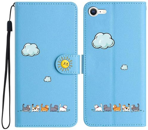 Niedlich und Schöne Geldbörse Handyhülle für iphone 7/ iphone 8/ iphone SE, Nette Katzen Muster Haltbares PU+TPU Leder mit Prämie Magnetisch Schließung Flip Telefon Hülle für iphone 7/8/SE(Blau)