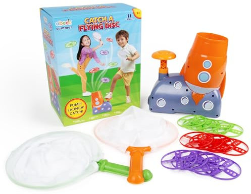abeec Flying Disc Launcher Toy Age 5+, Garden Games for Kids With x6 Flying Discs & x2 Nets, Outdoor Rocket Launcher for Kids, Flying Toys for Summer Fun, For Boys & Girls