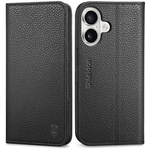 SHIELDON Hülle für iPhone 16 5G, Handyhülle Case [Litschi Echtleder] [RFID Blocker] [Kartenfach] [Standfunktion] Stoßfest Magnetisch Schutzhülle Kompatibel mit iPhone 16 6,1 2024- Schwarz