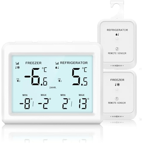 Termómetro de refrigerador con alarma de congelador, termómetro inalámbrico Temracha para nevera con alerta, retroiluminación MAX/MIN registro para cocina, hogar, restaurante