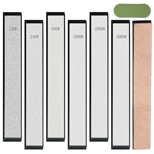 CWOVRS Kit de 6 pierres à aiguiser diamant avec base antidérapante - 120#, 240#, 600#, 1000#, 2000#, 3000#, 1 cuir strop, 1 pâte de polissage pour aiguiseurs de couteaux à angle fixe