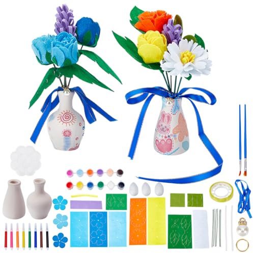 WEBEEDY DIY Felt Flowers Bouquet and Paint Vase Craft kit for Adults Handmade Beautiful Flower Craft Kit with Instruction for Beginner Art and Crafts Gift for Birthday Christmas Home Decoration,2 Set