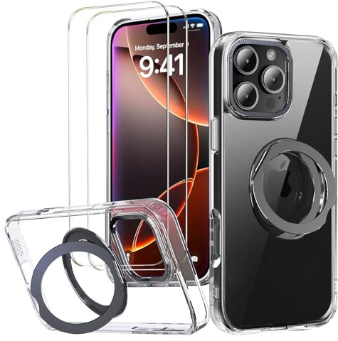 Benbenjaytek for iPhone 16 Pro Clear Case with Invisible Stand [Compatible with MagSafe] [Not-Yellowing] with 2X Screen Protector Military-Grade Protection Case for iPhone 16 Pro 6.3 (Black)