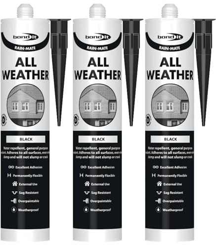 Bond It RAIN-MATE All Weather Sealant – 3x Black, 285ml | Flexible – Waterproof & Weatherproof Roof Sealant | Excellent Adhesion on Damp Surfaces – UV-Resistant | Ideal for Roofing – Windows – Doors