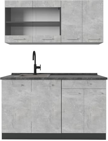 Vicco Singleküche R-Line, Küchenzeile Single, Beton/Anthrazit, 140 cm, AP Anthrazit