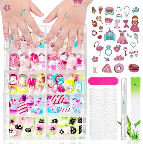 Nagel Tips Set - 120 Stück Nägel Zum Aufkleben für Kinder mit Nagelkleber, Full Cover Selbstklebende Künstliche Fingernägel Set Falsche Kunstnägel für Mädchen Kleinen Händen Damen (Bunt A, 120x)