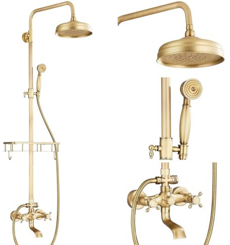 Retro Cascada Grifo de la Ducha Tina Latón Antiguo Kit3 Salidas 8 Cabezal de ducha superior + ducha de mano + bañera con Soporte Extensible (100-135 cm)