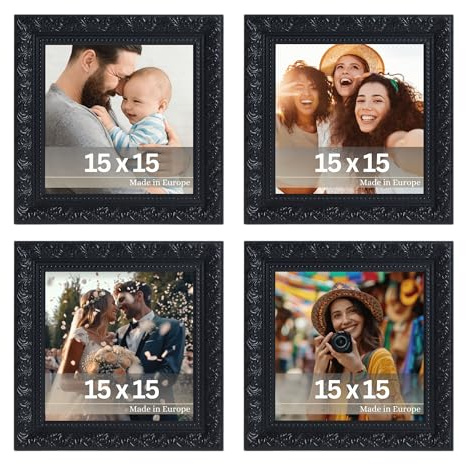 VictoR vintage Bilderrahmen „Rubens“ 4er Set in 15x15 cm schwarz - Leiste: 30x20mm - Echtglas - Fotorahmen barock - antik - Bilderrahmen Set 15x15 silber - Quadratisch