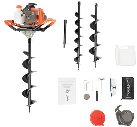 71CC Erdbohrer Benzin Erdbohrer 2-Takt Einzylinder Benzin Erdlochbohrer 2300W 300rpm Gartenbohrer Benzin 1L Kraftstofftank Bagger Zaunpfosten 100, 150, 200mm Bohrer 30.5cm Verlängerungsstange