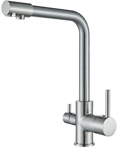 LLFFSSDG Rubinetto da cucina a 3 vie, con miscelatore a filtro, girevole a 360°, con 3 tubi e rubinetto a doppia leva per acqua calda/fredda/purificata, ottone [classe energetica A++] in acciaio inox