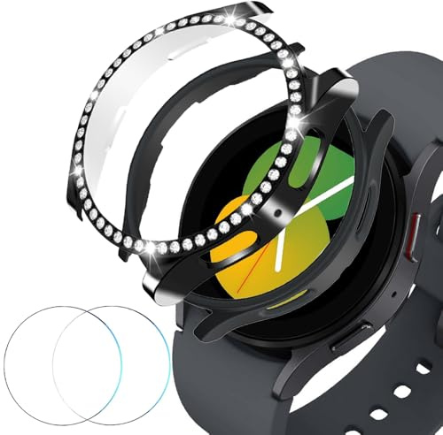 DEALELE [2+2 PACK Gehäuse Gehärtetem Glas Kompatibel mit Samsung Galaxy Watch 5/4 44mm, Glitzer Strass + PC Matte Schutzhülle + Gehärtetem Glas Displayschutz, Schwarz + Schwarz