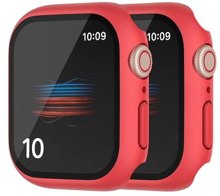 HANKN 2 Piezas Duro Funda para Apple Watch Series 9 8 7 41mm Protector de Pantalla Vidrio Templado Funda, Cobertura Completa Claridad Resistente Arañazos Estuche (Rojo + Rojo, 41 mm)