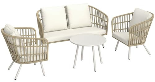 Outsunny Gartenmöbel Set aus Polyrattan Lounge-Set mit 2er Sofa Sessel Tisch Kissen wetterfest Sitzgruppe für 4 Personen Outdoor Balkonmöbel Set Terrassenmöbel für Garten Balkon Terrasse Khaki