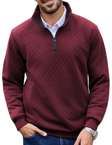 URRU Herren Pullover mit Viertelreißverschluss, gesteppt, langärmelig, Stehkragen, Poloshirt mit Tasche